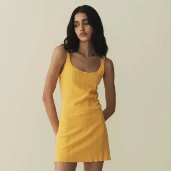 Doen Cynthia Cotton Tank Mini Dress Jonquille Apolline Pointelle Yellow Gold - Picture 2 of 13